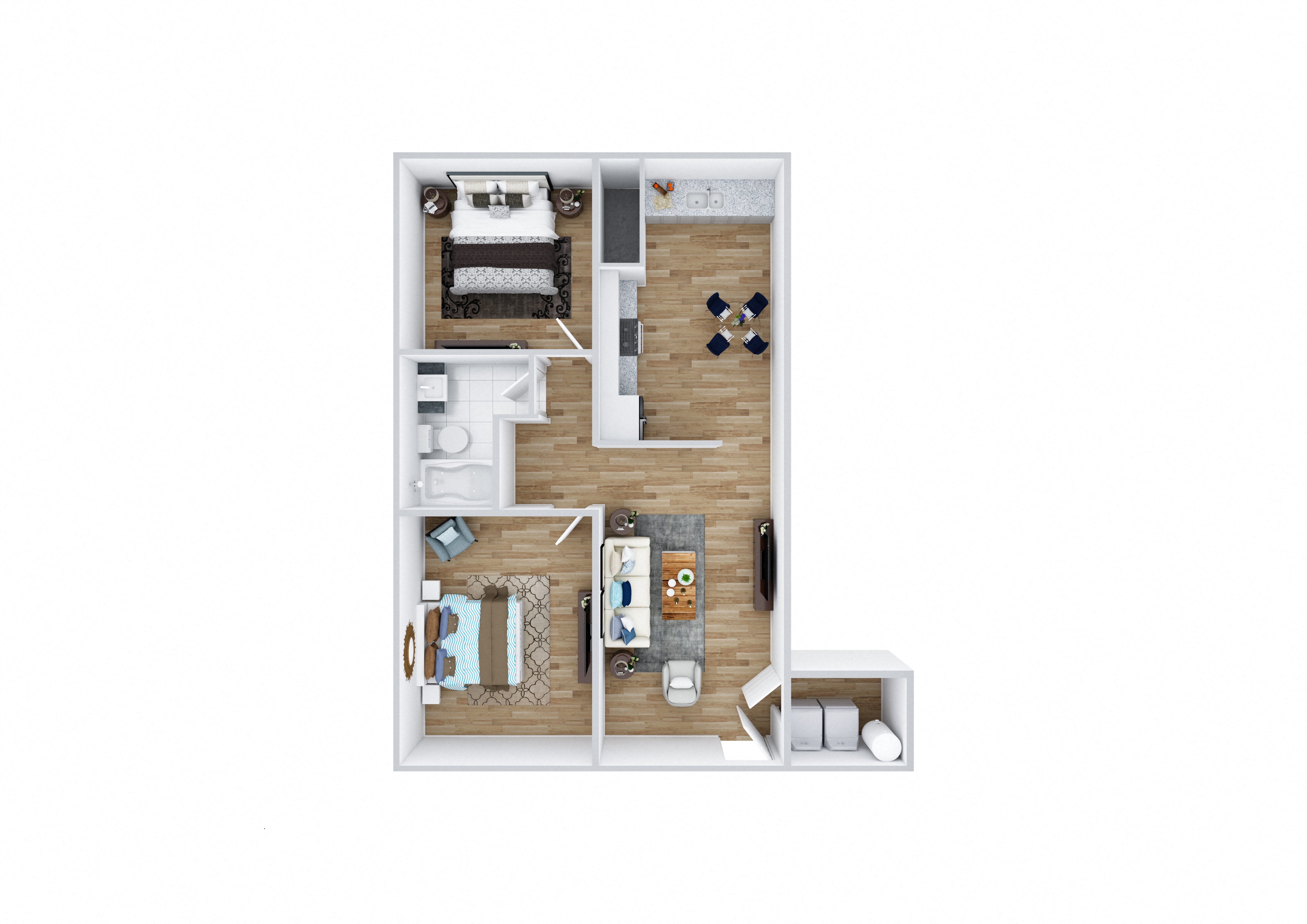 Floor plan for 2 beds, 1 bath, 767 sqft
